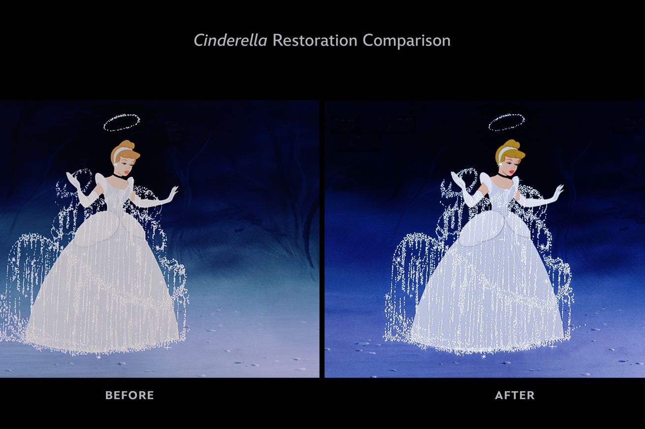 An before-and-after picture showing the restoration of the Cinderella movie