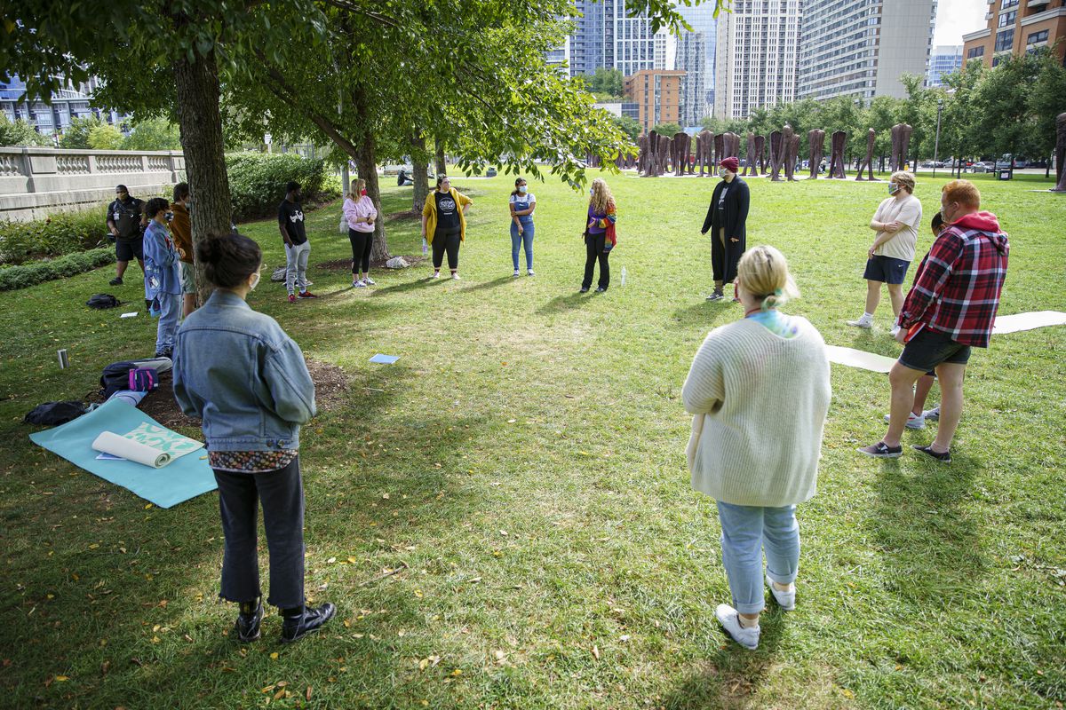 Laura Sturm speaks with students during her theater class at Grant park on Tuesday, Sept. 29, 2020. Part-Time Faculty at Columbia College are asking for safer guidelines against COVID-19 in the classroom. 