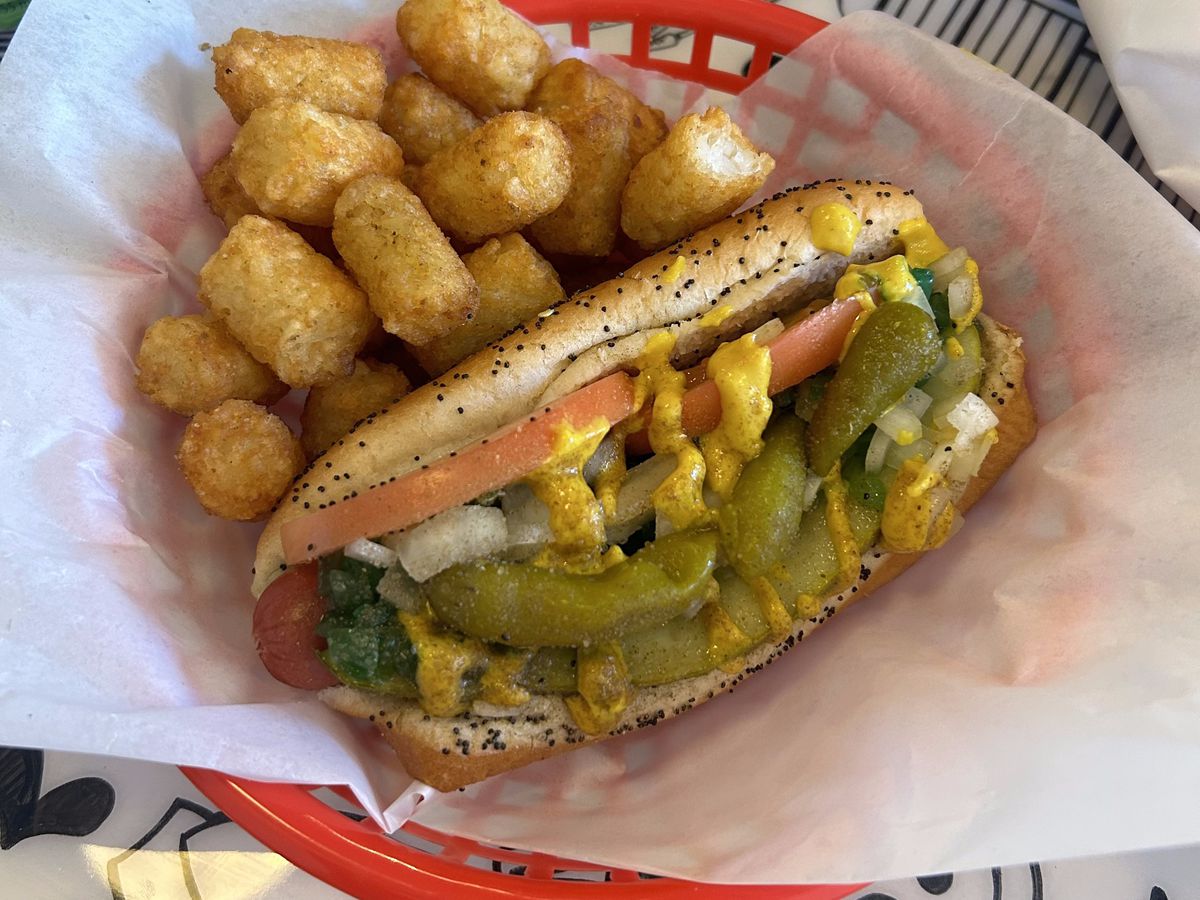 A Chicago-style hot dog appears in a red basket next to a side of tater tots.