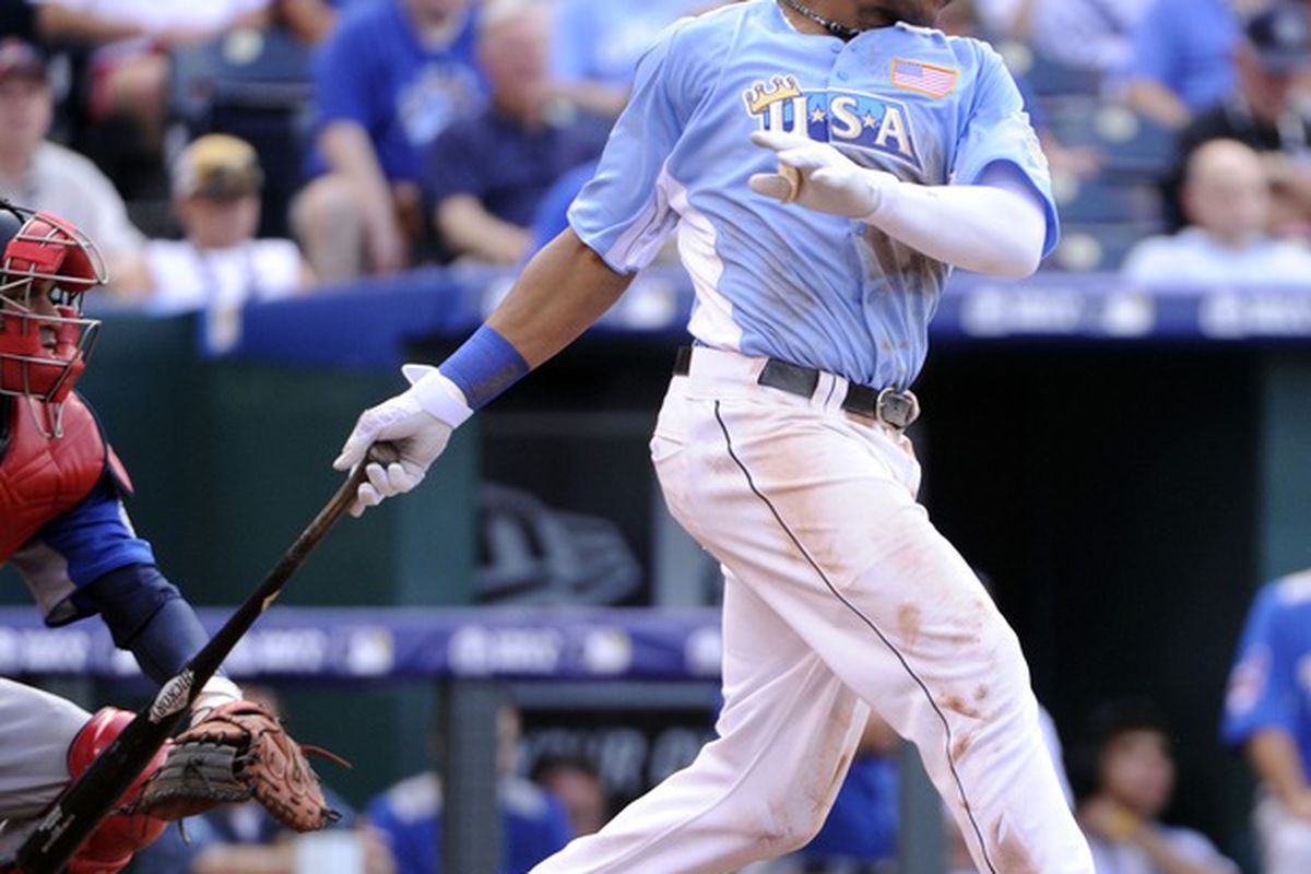 July 8, 2012; Kansas City, MO, USA; USA batter Jonathan Singleton hits  a single during the fifth inning of the 2012 All Star Futures Game at Kauffman Stadium.  Mandatory Credit: H. Darr Beiser-USA TODAY Sports via US PRESSWIRE