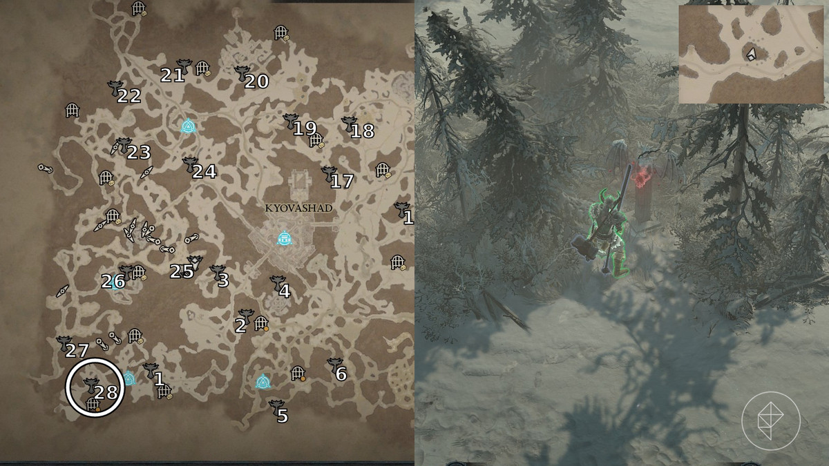Altar of Lilith 28 found in an Icehowl Taiga area of the Desolate Highlands in Diablo 4 / Diablo IV which is depicted by an annotated map and an in game screenshot