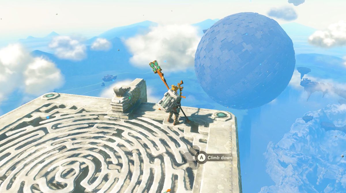 Link stands on a hover platform around Gerudo Highlands Sky region in Zelda: Tears of the Kingdom