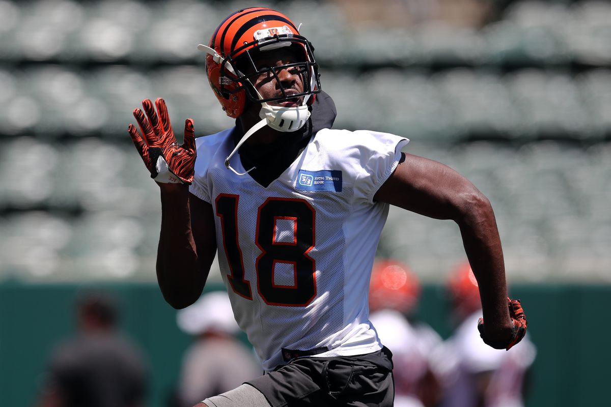 Bengals wide receiver A.J. Green participates in drills during minicamp at Paul Brown Stadium.&nbsp;
