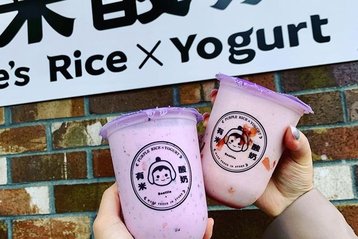 Two cups of purple rice and fresh yogurt beverages, coming to San Diego from Yomie’s Rice X Yogurt.