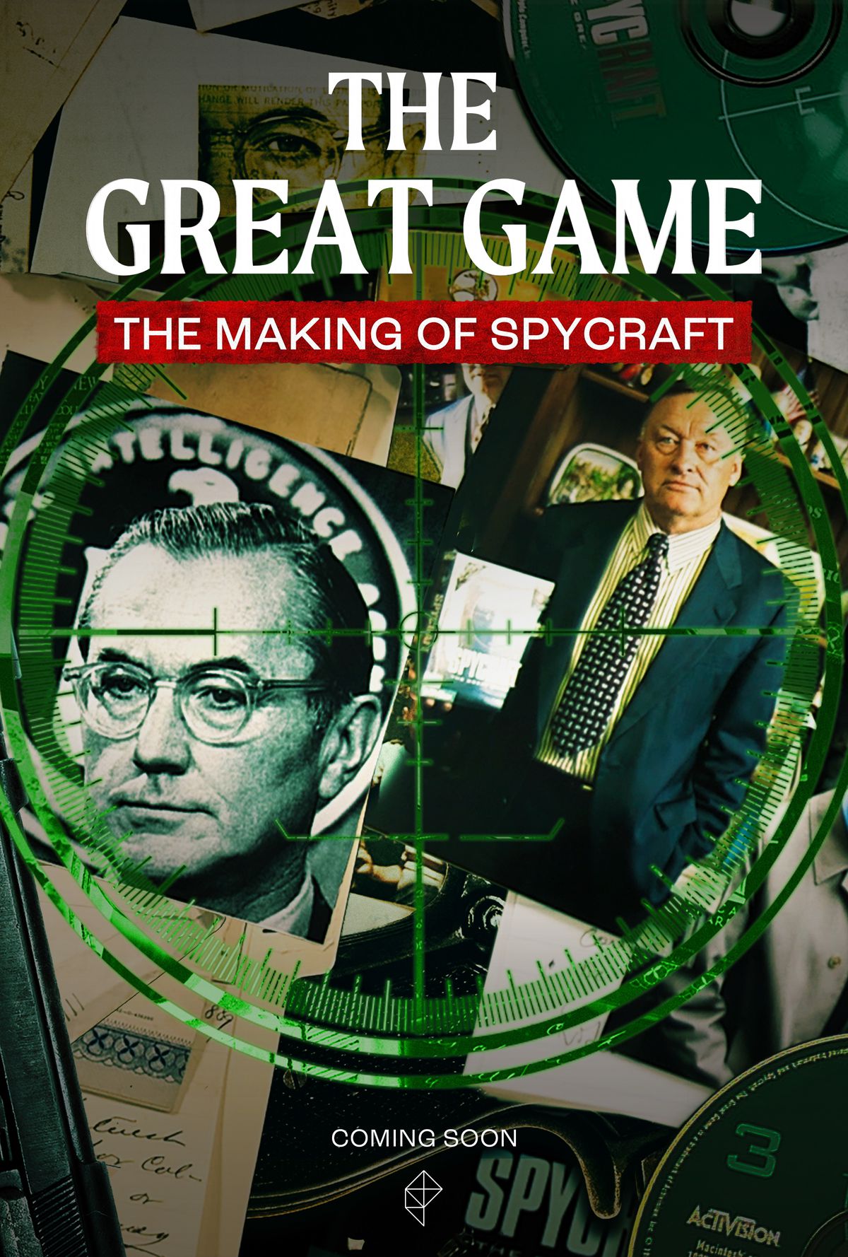 A poster for The Great Game: The Making of Spycraft. Many photos, papers, and ephermera laid on a black table, with a large green target laid over it.