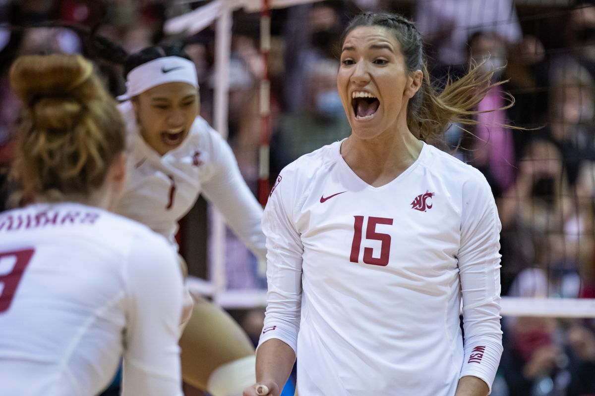 PULLMAN, WA - OCTOBER 22: Washington State volleyball faces off against 15th ranked Stanford, falling in a decisive fifth set in Bohler Gymnasium