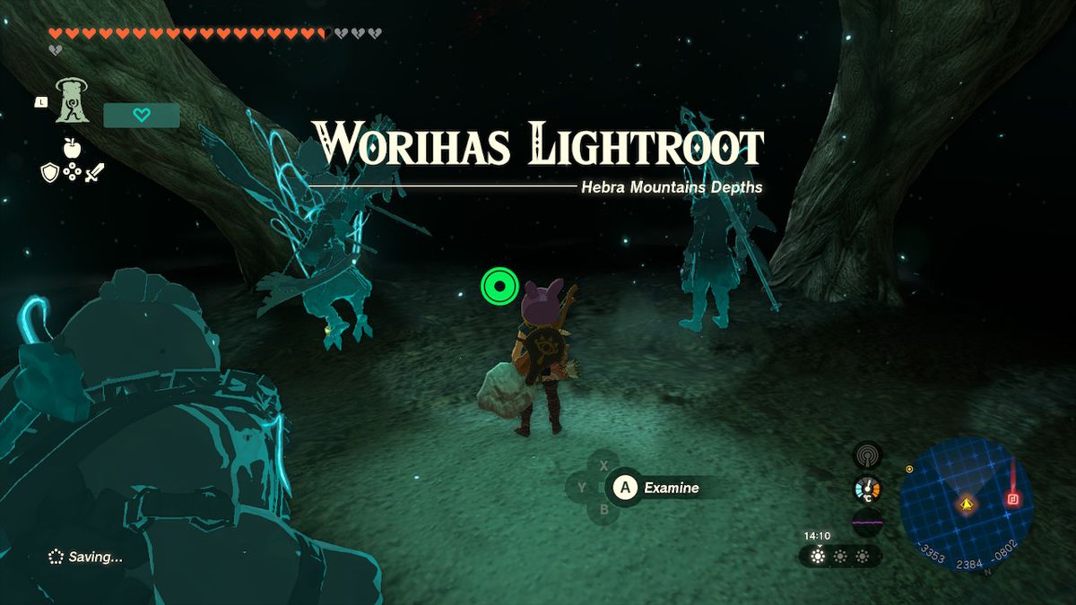 Link stands near the Worihas Lightroot in the Depths in Zelda Tears of the Kingdom.