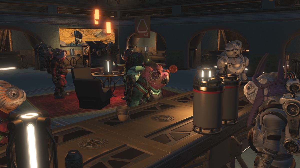 A group of aliens convene in a Mos Eisley-style cantina in No Man’s Sky