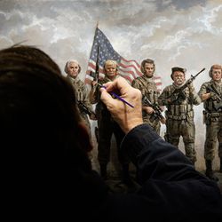 Artist Jon McNaughton touches up one of his paintings, “The Magnificent Seven,” at his studio in Utah County on Monday, Nov. 22, 2021.