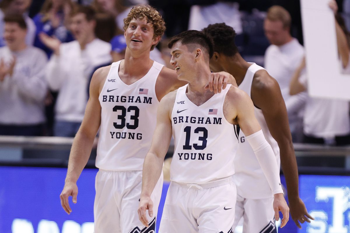 Brigham Young Cougars forward Caleb Lohner and Brigham Young Cougars guard Alex Barcello react after their win against the Texas Southern Tigers at Marriott Center.