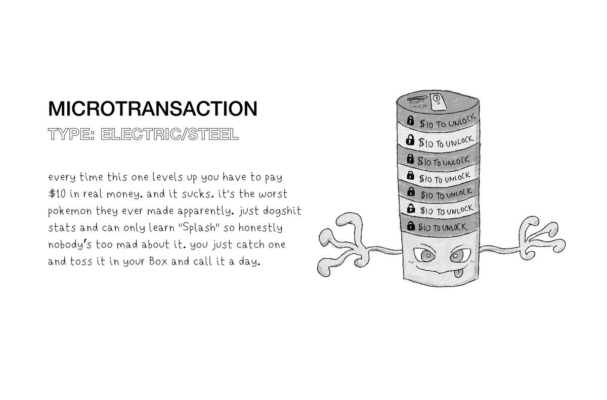 Original artwork shows the fake Pokémon Microtransaction, which looks like a battery with a face. Its body is a stack of discs that say “$10 to unlock,” and the text reads: “every time this one levels up you have to pay $10 in real money. and it sucks. it’s the worst Pokémon they ever made apparently. just dogshit stats and can only learn ‘Splash’ so honestly nobody’s too mad about it. you just catch one and toss it in your box and call it a day.”