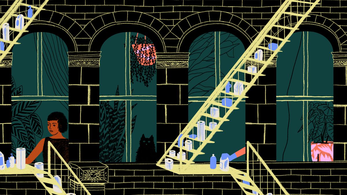 A close up on two residential, city fire escapes set with supplies like toilet paper, hand sanitizer and disinfecting wipes. Illustration.