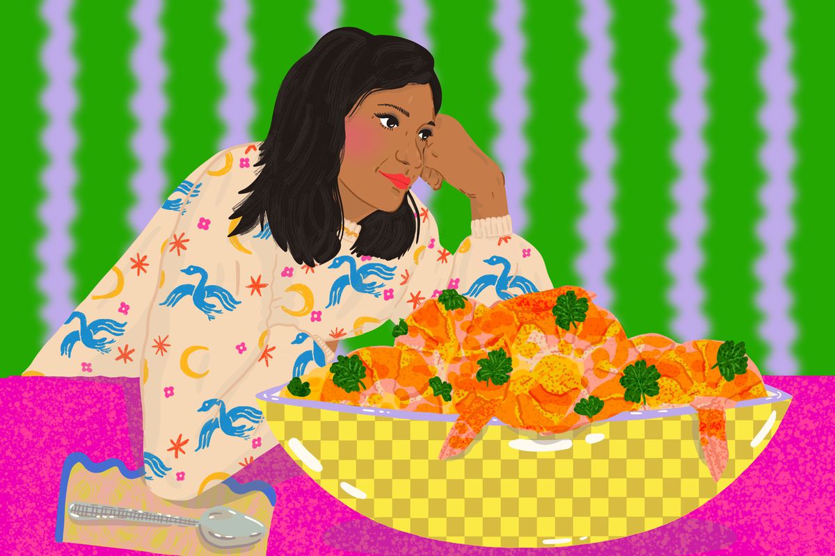 Cynthia Shanmugalingam gazes lovingly at a giant bowl of prawn curry. Illustration.