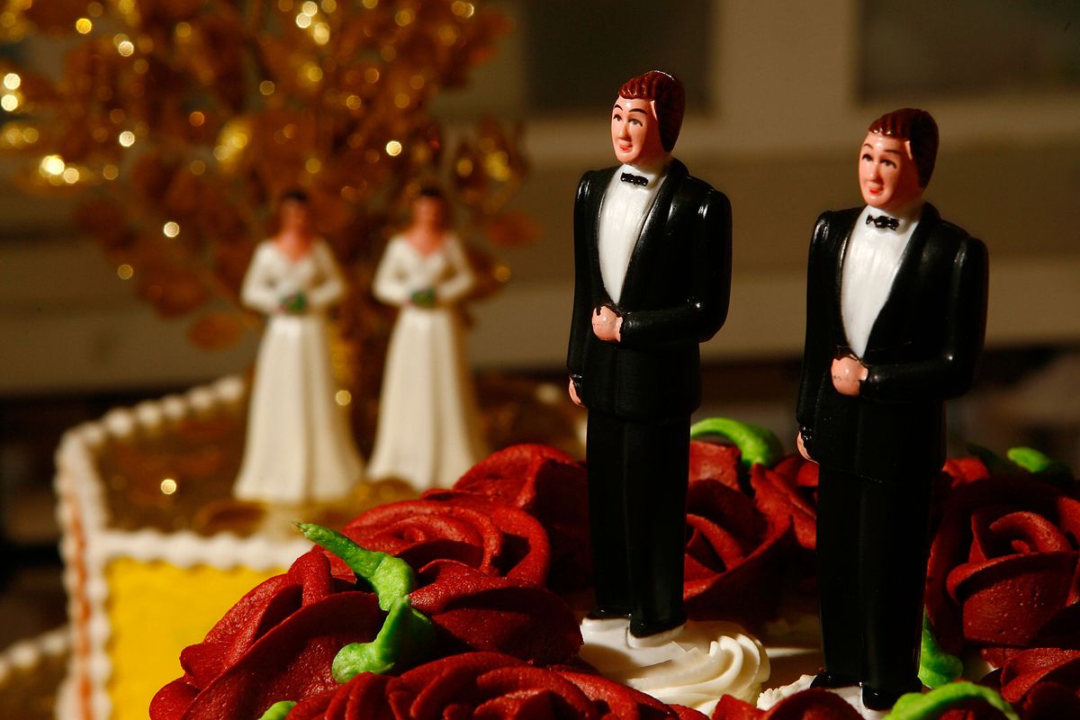 A wedding cake depicting a same-sex couple.