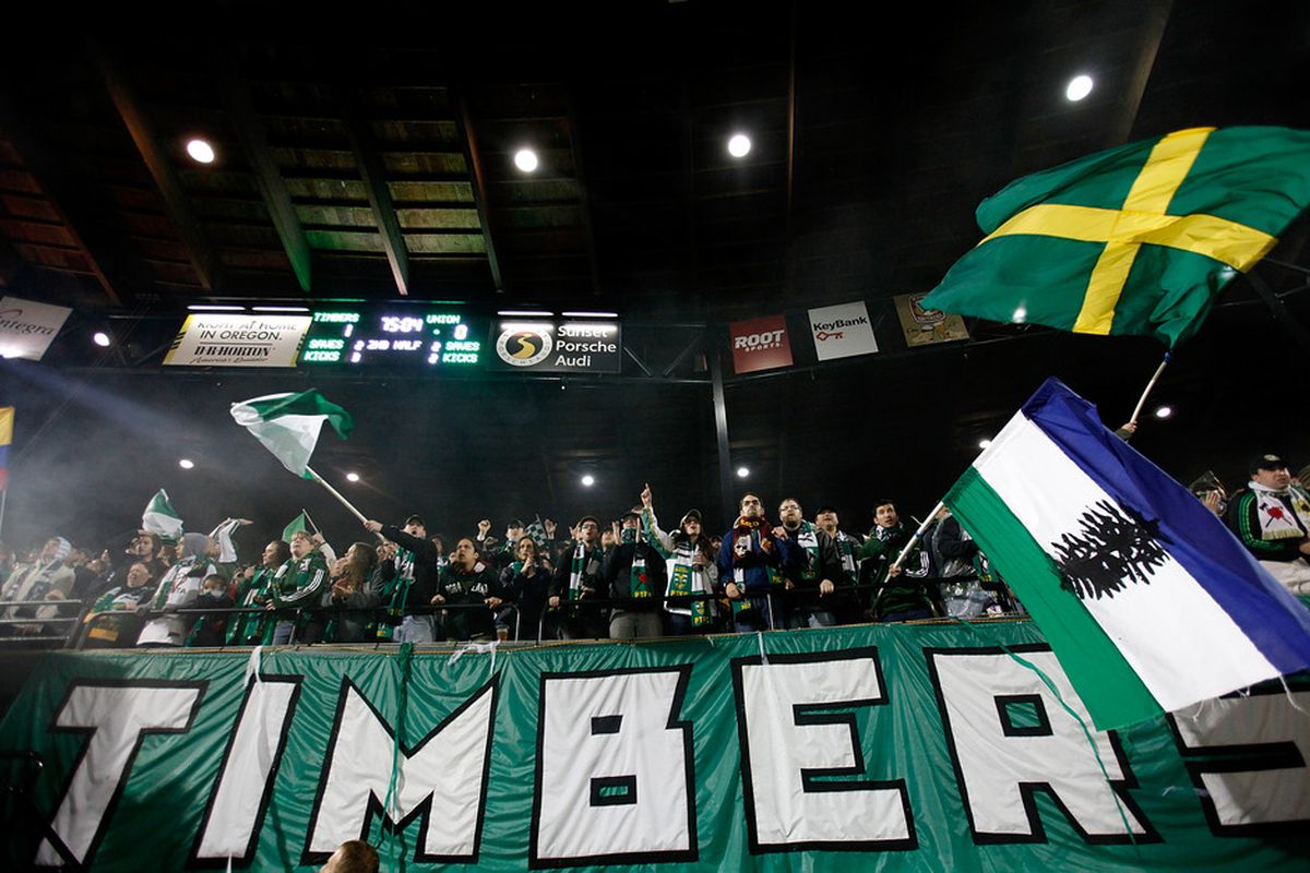 PORTLAND, OR - MAY 06:  Members of the Timbers Army cheer during the game between the Portland Timbers and the Philadelphia Union  on May 6, 2011 at Jeld-Wen Field in Portland, Oregon.  (Photo by Jonathan Ferrey/Getty Images)