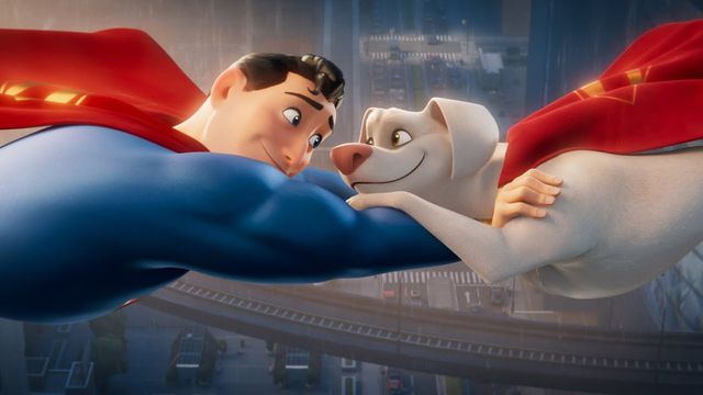DC League of Super-Pets - Superman and Krypto fly together, linking their arms together in the air