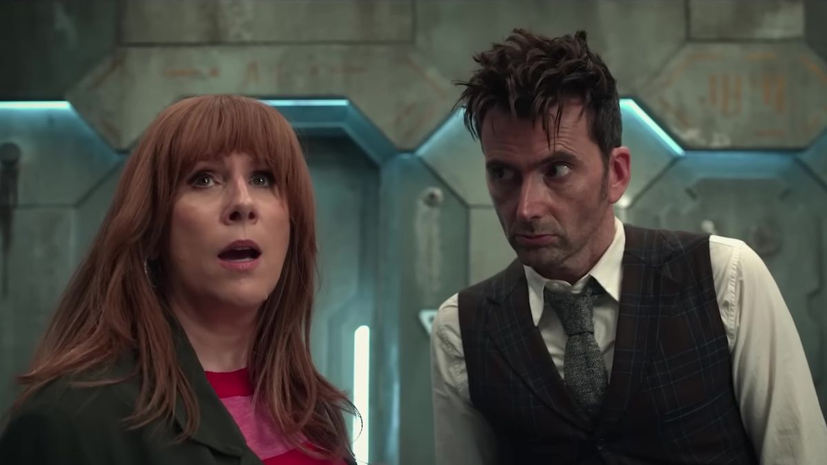 Donna Noble (Catherine Tate) looking alarmed, and the Doctor (David Tennant) looking at her, in a 60th anniversary special for Doctor Who.
