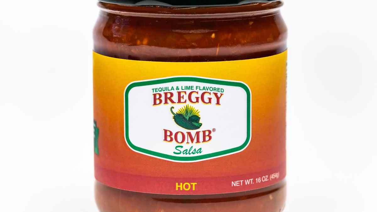 A jar of Breggy Bomb salsa with a jalapeno on the label.