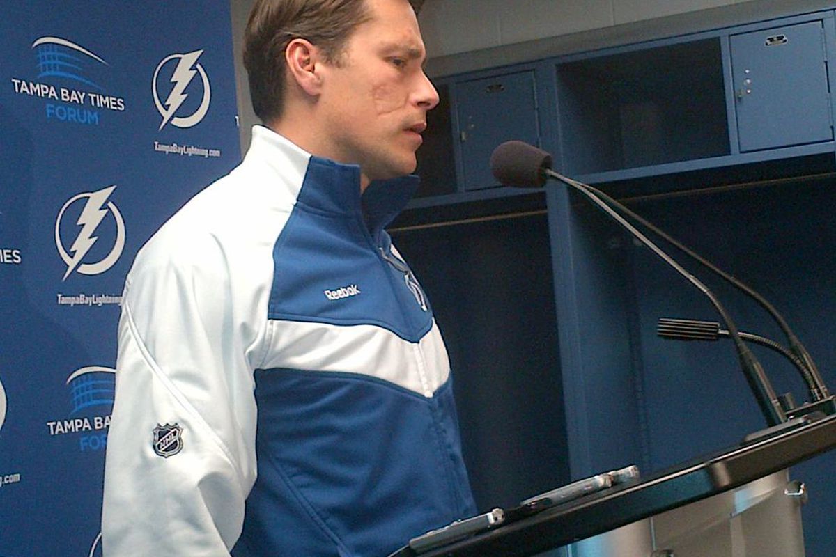 Tampa Bay Lightning head coach Guy Boucher addresses the media to wrap up the 2011-12 season. (photo by Clark Brooks)