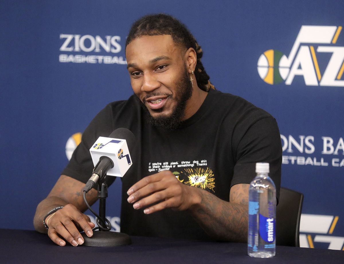 Utah Jazz forward Jae Crowder talks to members of the media at Zions Bank Basketball Center in Salt Lake City on Thursday, April 25, 2019. Utah's season ended with Wednesday's loss to Houston in first round of the NBA playoffs.