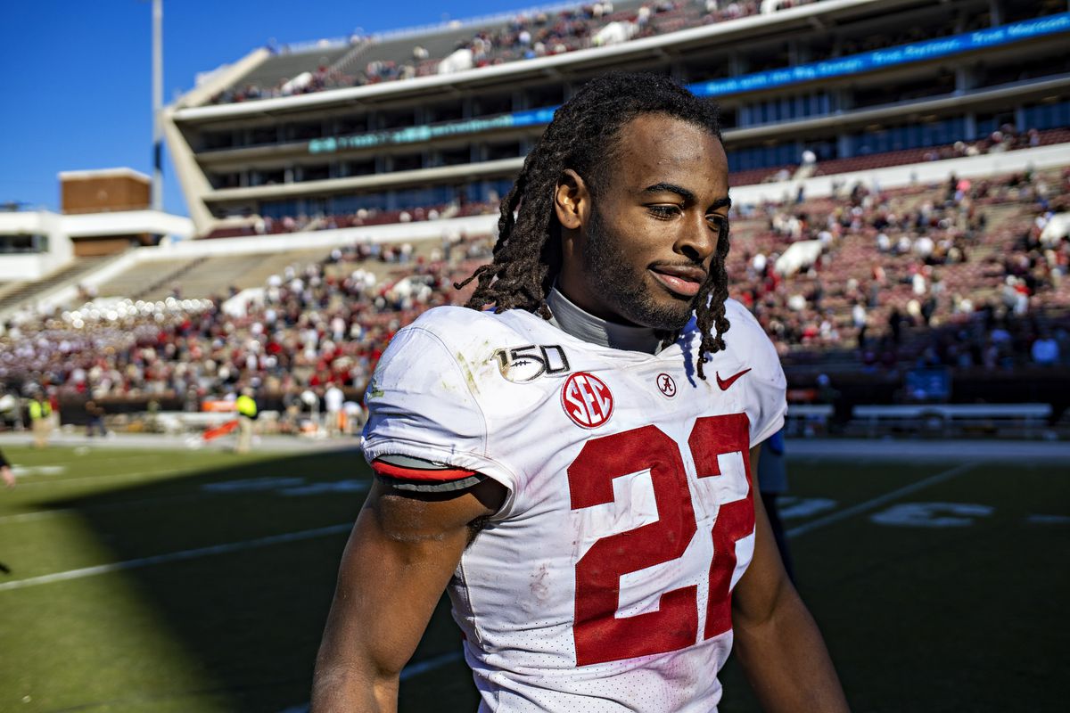 Najee Harris of the Alabama Crimson Tide walks off the field after a game against the Mississippi State Bulldogs at Davis Wade Stadium on November 16, 2019 in Starkville, Mississippi.