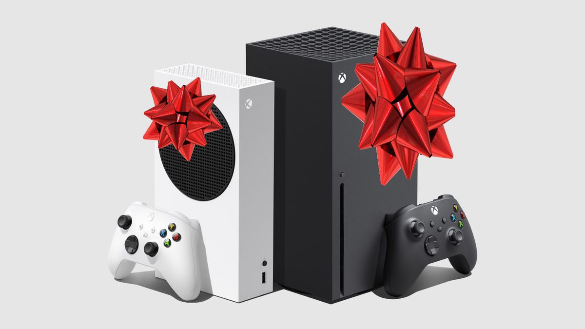 A photo shows the Xbox Series S and Xbox Series X positioned next to each other and upright, with a controller in front of each console. Clip art of a red gift bow has been added to the front of each console to indicate they are gifts