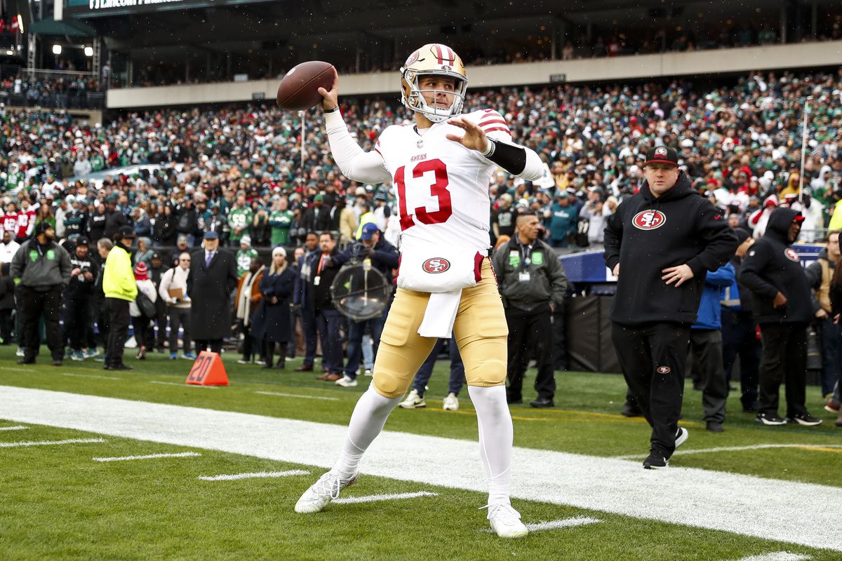 Brock Purdy #13 of the San Francisco 49ers warms up prior to the NFC Championship NFL football game against the Philadelphia Eagles at Lincoln Financial Field on January 29, 2023 in Philadelphia, Pennsylvania.