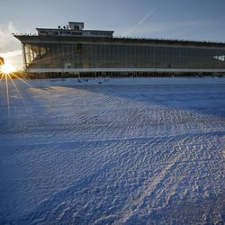 Snow covers the track at the Scarborough Downs harness racing track, Wednesday, Jan. 10, 2018, in Scarborough, Maine. The track is one of two Maine suitors trying to lure Amazon to the Pine Tree State. (AP Photo/Robert F. Bukaty)