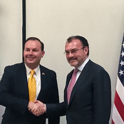 Sen. Mike Lee, R-Utah, meets with Luis Videgaray Caso, outgoing Mexican Foreign Minister, and other officials in Mexico City on Wednesday, Nov. 7, 2018.
