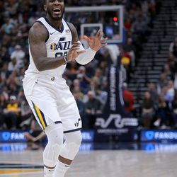Utah Jazz forward Jae Crowder (99) passes the ball during a basketball game against the San Antonio Spurs at the Vivint Smart Home Arena in Salt Lake City on Monday, Feb. 12, 2018. The Jazz won 101-99.