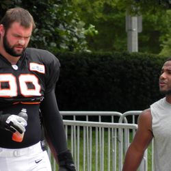 Margus Hunt and Giovani Bernard chatting before practice