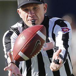 A referee looks to catch a ball as Utah State and Wyoming play Saturday, Nov. 30, 2013, in Logan. USU won, 35-7.