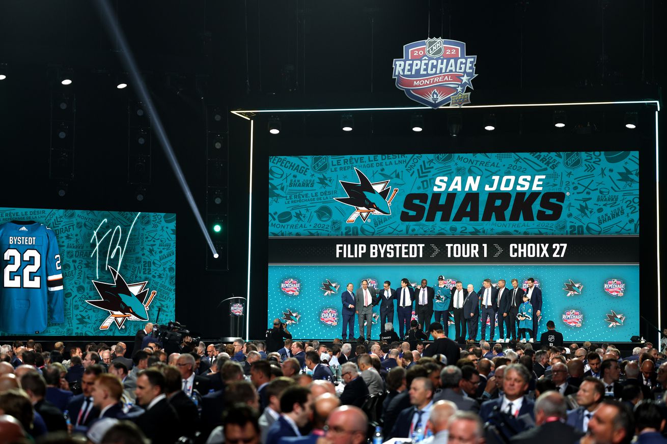Filip Bystedt poses for a photo with team personnel onstage after being selected 27th overall by the San Jose Sharks during the first round of the 2022 Upper Deck NHL Draft at Bell Centre on July 07, 2022 in Montreal, Quebec.