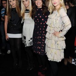 NEW YORK, NY - FEBRUARY 12:  (L-R) Morgan Curtis, designer Tinsley Mortimer, designer Jill Stuart, and actress Mena Suvari pose backstage at the Jill Stuart Fall 2011 fashion show during Mercedes-Benz Fashion Week at The Stage at Lincoln Center on Februar