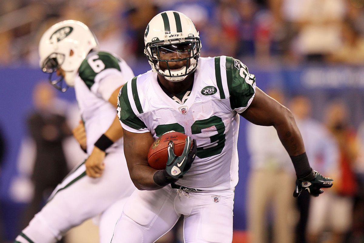 Shonn Greene (23) of the New York Jets runs the ball against the New York Giants during their pre season game on August 29, 2011 at MetLife Stadium in East Rutherford, New Jersey.  (Photo by Jim McIsaac/Getty Images)