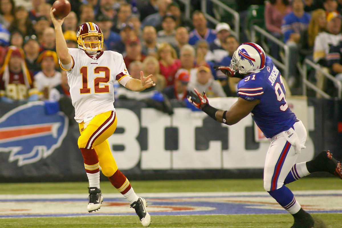 TORONTO, ON - OCTOBER 30: John Beck #12 of the Washington Redskins gets off a pass against Spencer Johnson #91 of the Buffalo Bills at Rogers Centre on October 30, 2011 in Toronto, Ontario.  (Photo by Rick Stewart/Getty Images)