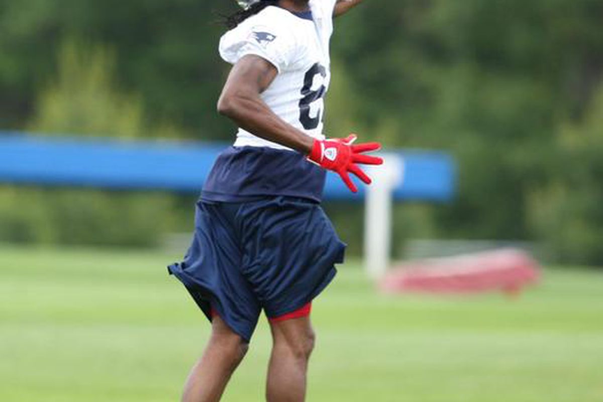 <em>WR Randy Moss with a spectacular one-handed catch along the sideline during practice at Gillette Stadium on 06/11/09</em>