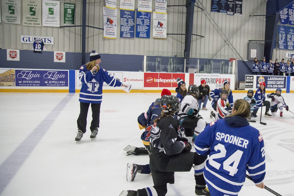 Players from the Toronto Furies and Boston Blades lead a training session for young Silver Stick players. Part of Hockey Day in Canada 2016.