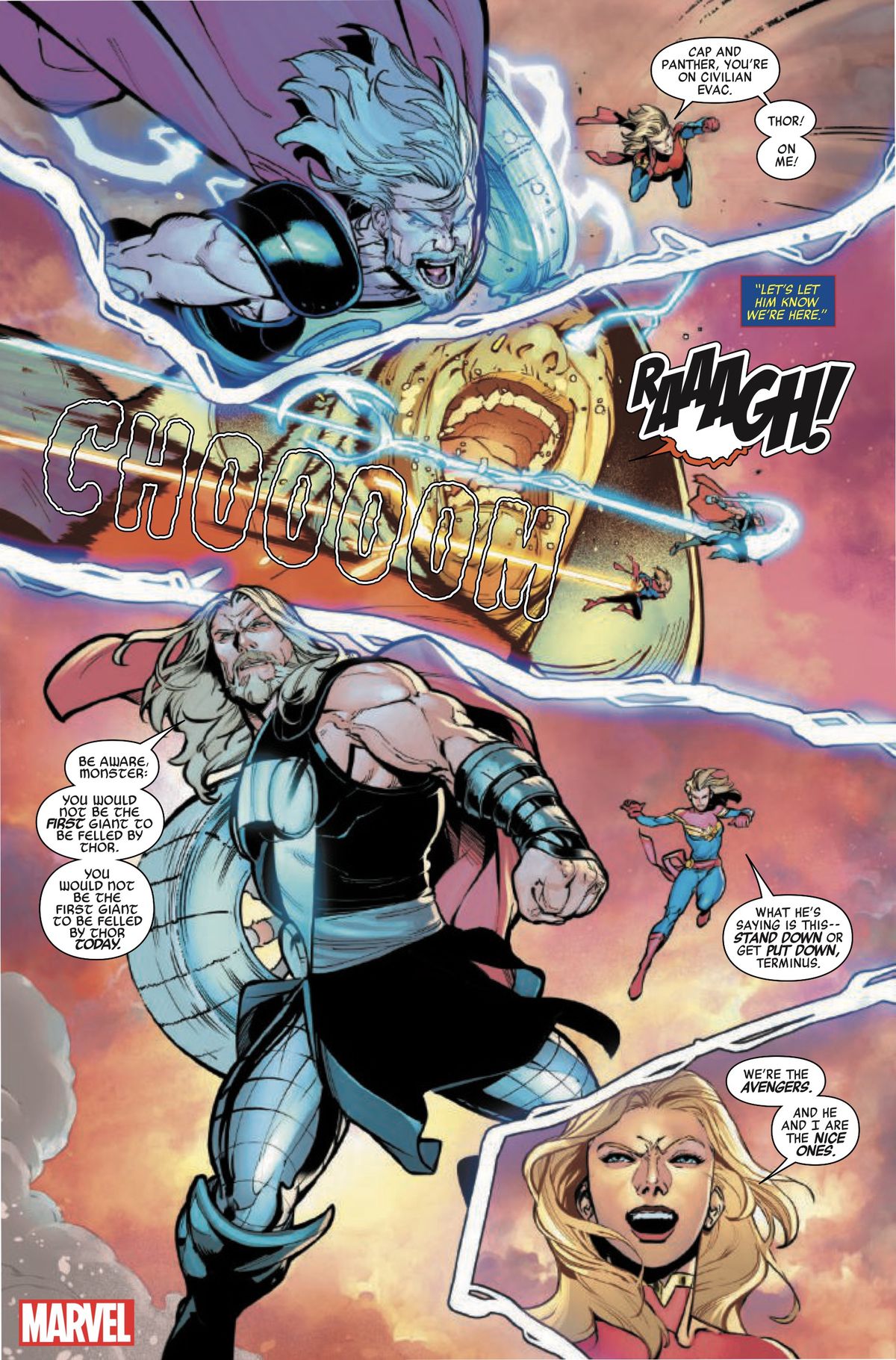 Captain Marvel and Thor battle the huge monster, striking it with lighting. “Be aware, monster,” says Thor. “You would not be the first giant to be felled by Thor today.” “We’re the Avengers,” Captain Marvel adds, “and he and I are the nice ones,” in Avengers #1 (2023).