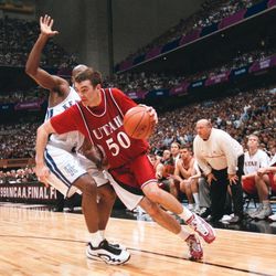University of Utah's Alex Jensen drives past a Kentucky defender during the 1998 NCAA Championship basketball game in San Antonio.
