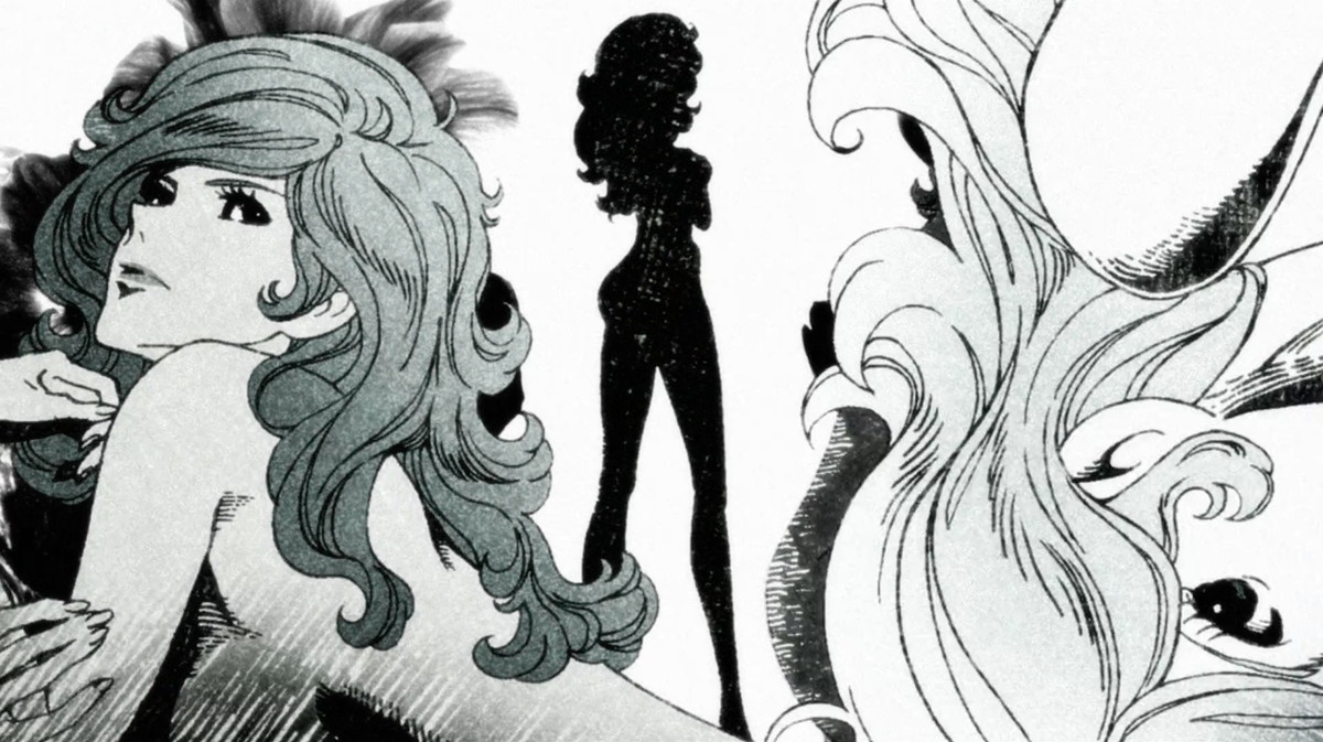 Stills of Fujiko posing in black and white and in silhouette from the opening of the mine 