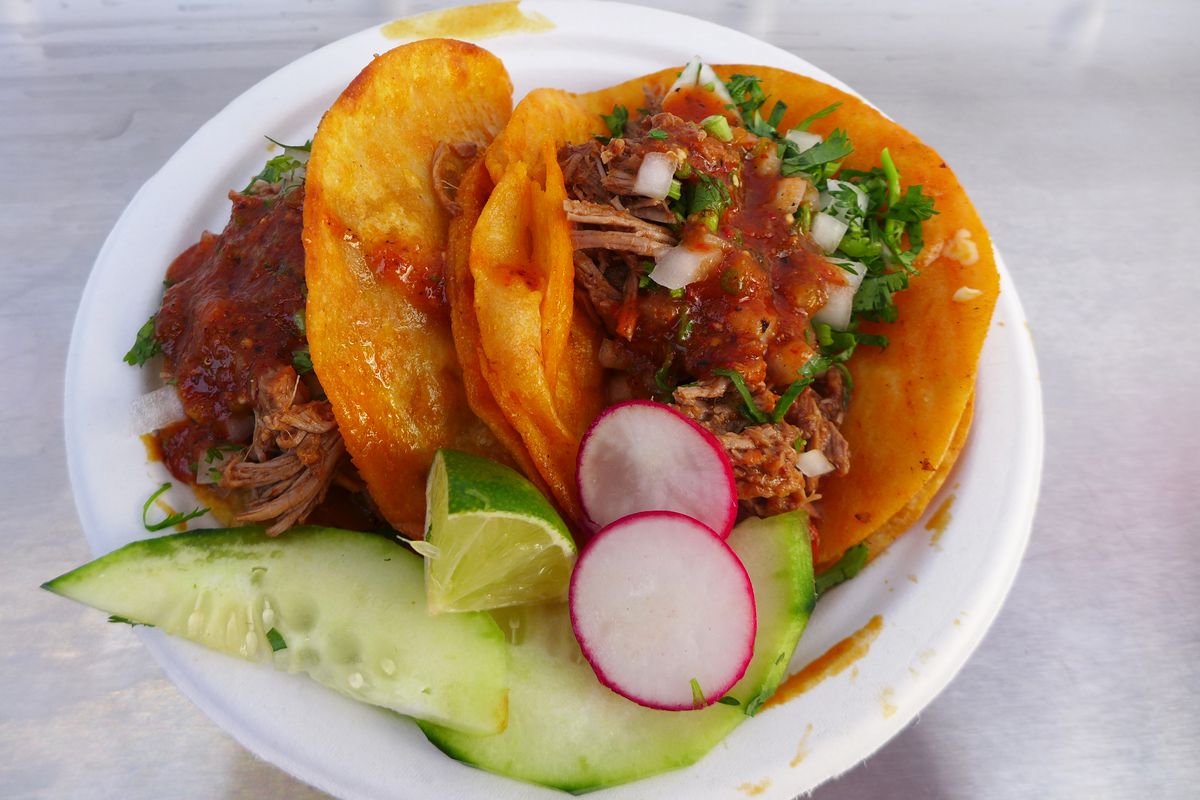 A pair of tacos&nbsp;stuffed with meat, green cilantro, and onions, served with sliced radishes and cucumbers