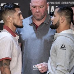 Sergio Pettis and Jussier Formiga square off at UFC 229 media day.