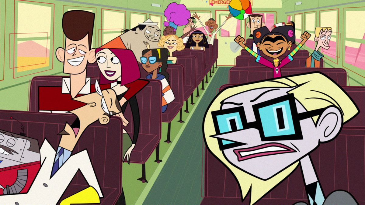 A bus full of clones cheering while Scudworth sleeps and Candide scowls in the foreground