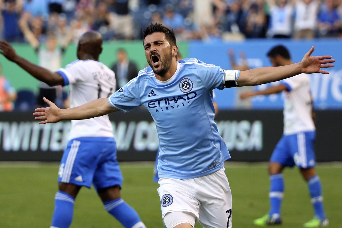 David Villa celebrates NYC's first goal in a 3-1 win over the Montreal Impact