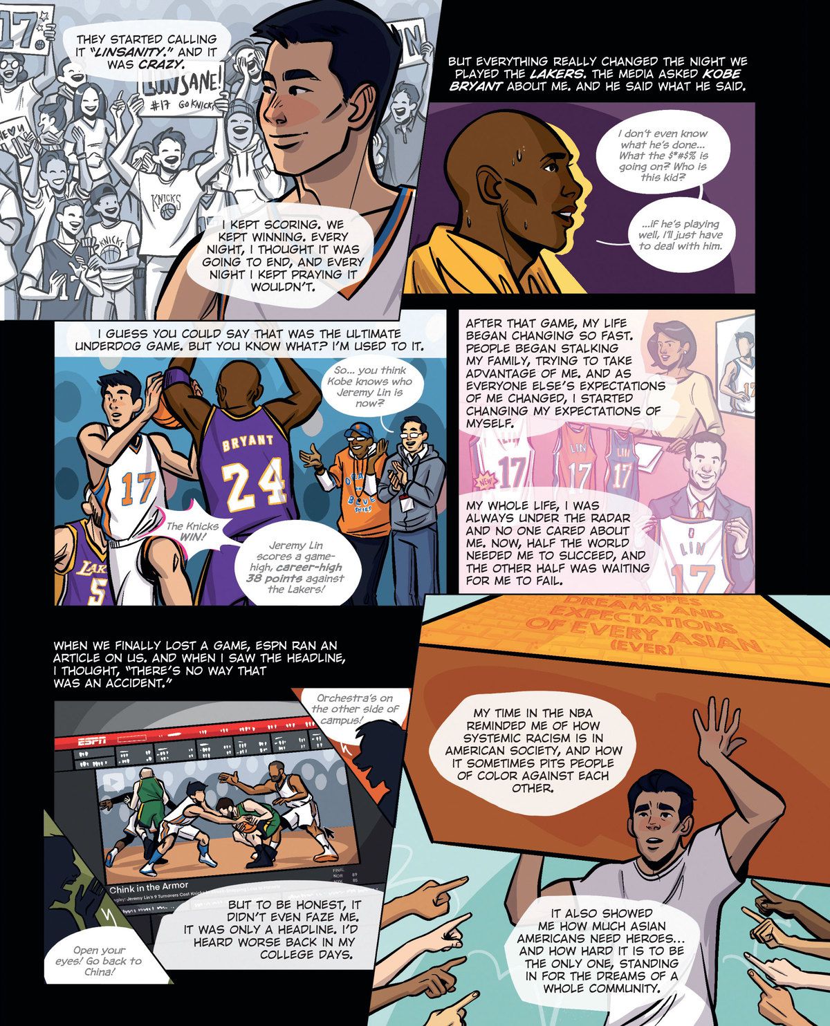 Page 3 of 4. Lin describes the highs and lows of the Linsanity period. He had a phenomenal game against Kobe Bryant and the Lakers, but he also began to experience immense pressure and his family faced abuse. Lin felt the pressure of representing Asian Americans in the NBA.
