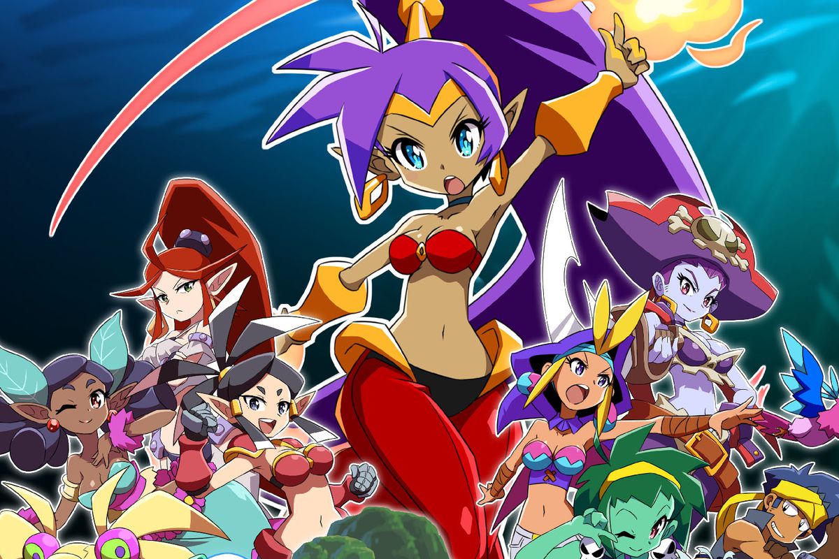 box art for shantae and the seven sirens, featuring Shantae and the other supporting characters.