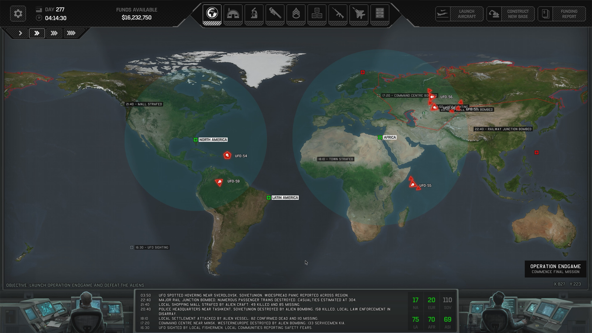 The global map layer showing various alien incursions across Earth in Xenonauts 2