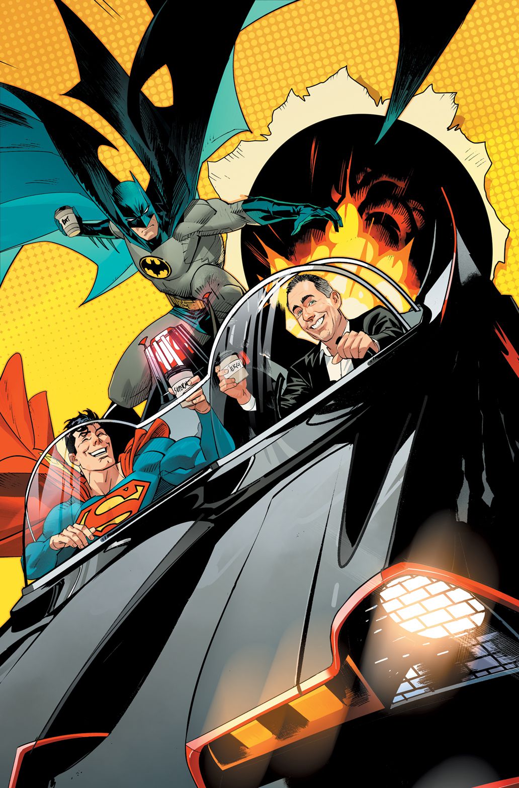 Superman, Batman, and Jerry Seinfeld get coffee in the Batmobile on the cover of Batman/Superman: World’s Finest #1 (2022). 