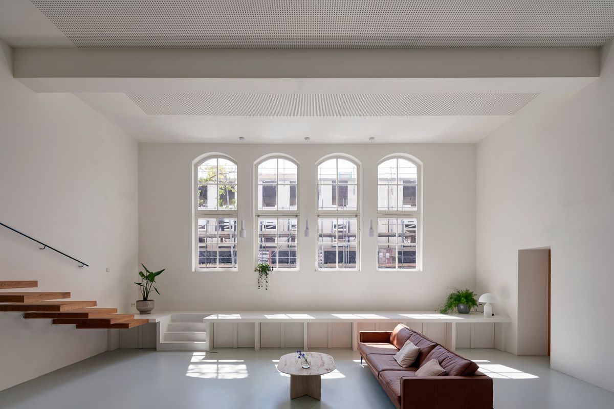 Living room with large arched windows